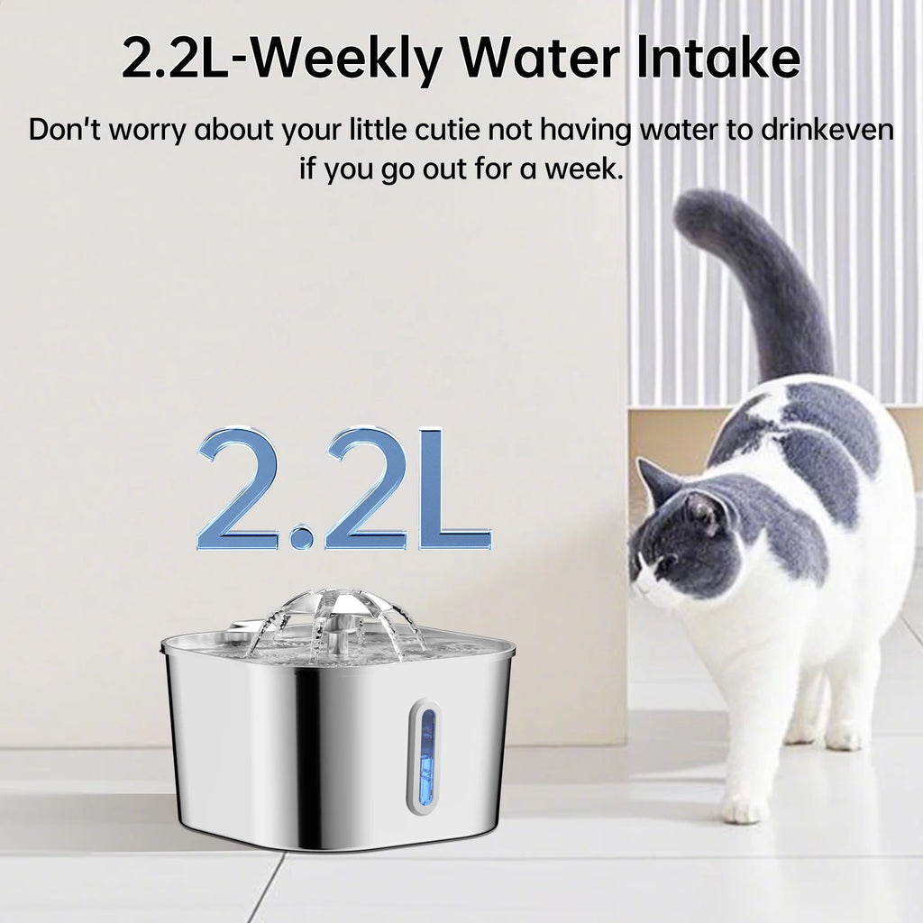 2.2L/74OZ Automatic Cat Fountain Stainless Steel Pet Water Dispenser Silent Water Pump Circulation Filtering Visual Window