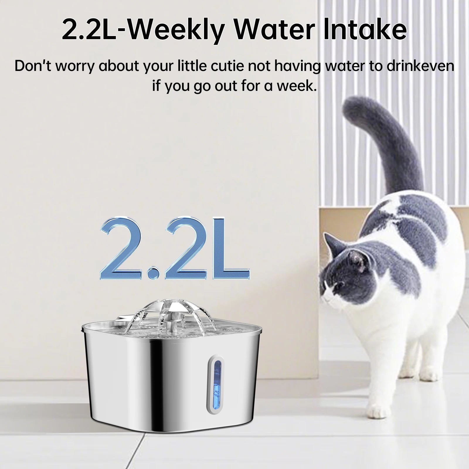2.2L/74OZ Automatic Cat Fountain Stainless Steel Pet Water Dispenser Silent Water Pump Circulation Filtering Visual Window