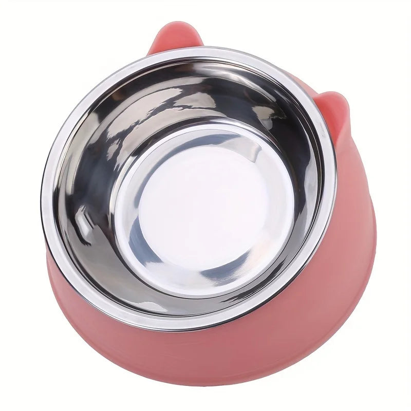 2 In 1 Stainless Steel Cat Bowl With Holder - Cute Ear Design Inclined Food Bowl Water Basin, Anti-slip Raised Pet Feeding Bowl