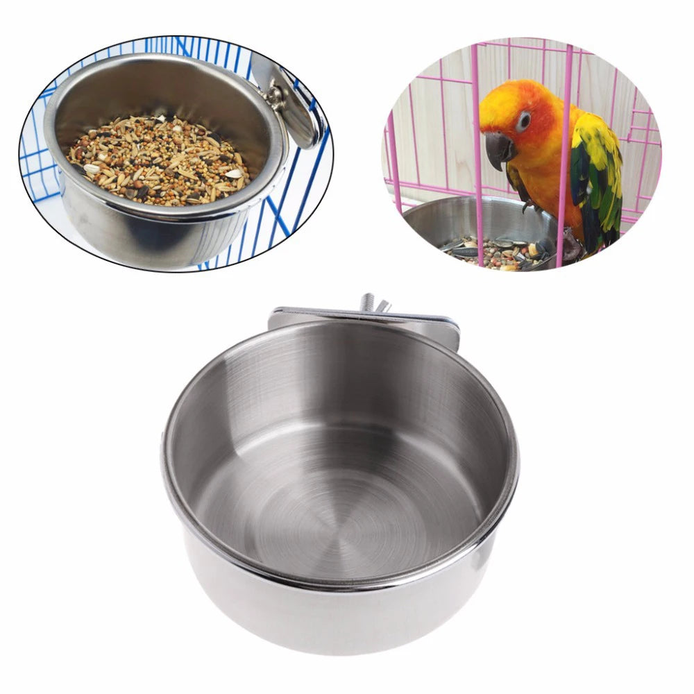 Parrot Feeding Cups Birds Food Dish Stainless Steel Feeders Water Cage Bowls with Clamp Holder for Parakeet Parrot Small Animal