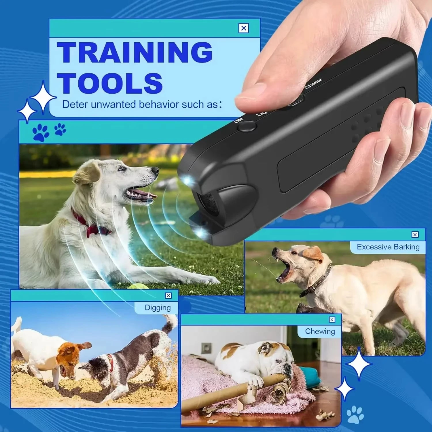 Ultrasonic Dog Repeller Anti-barking Device Pet Training Outdoor Deterrent Portable Chaser with LED Repels Cats & Dogs