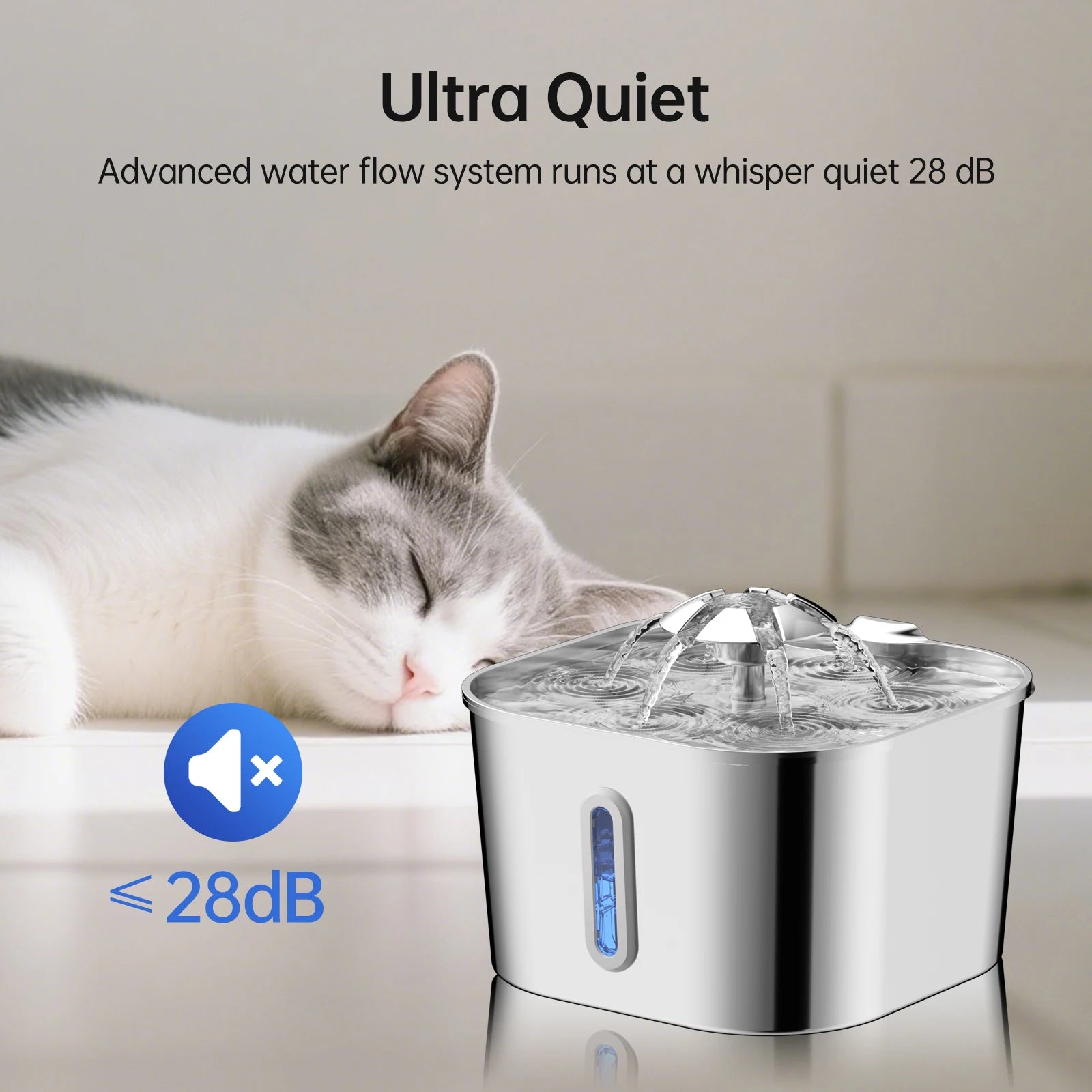 2.2L/74OZ Automatic Cat Fountain Stainless Steel Pet Water Dispenser Silent Water Pump Circulation Filtering Visual Window