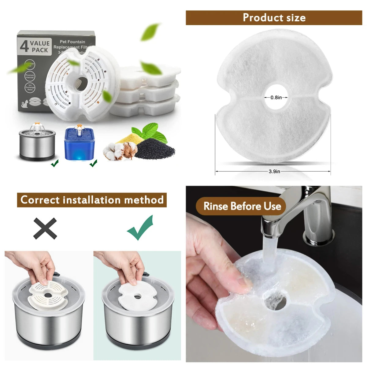4/8/12Pcs Dog Feeders Fountain Filters Cat Water Replacement Filter for 2/2.4L Pet Fountain Filtration System Pre-Filter Sponges