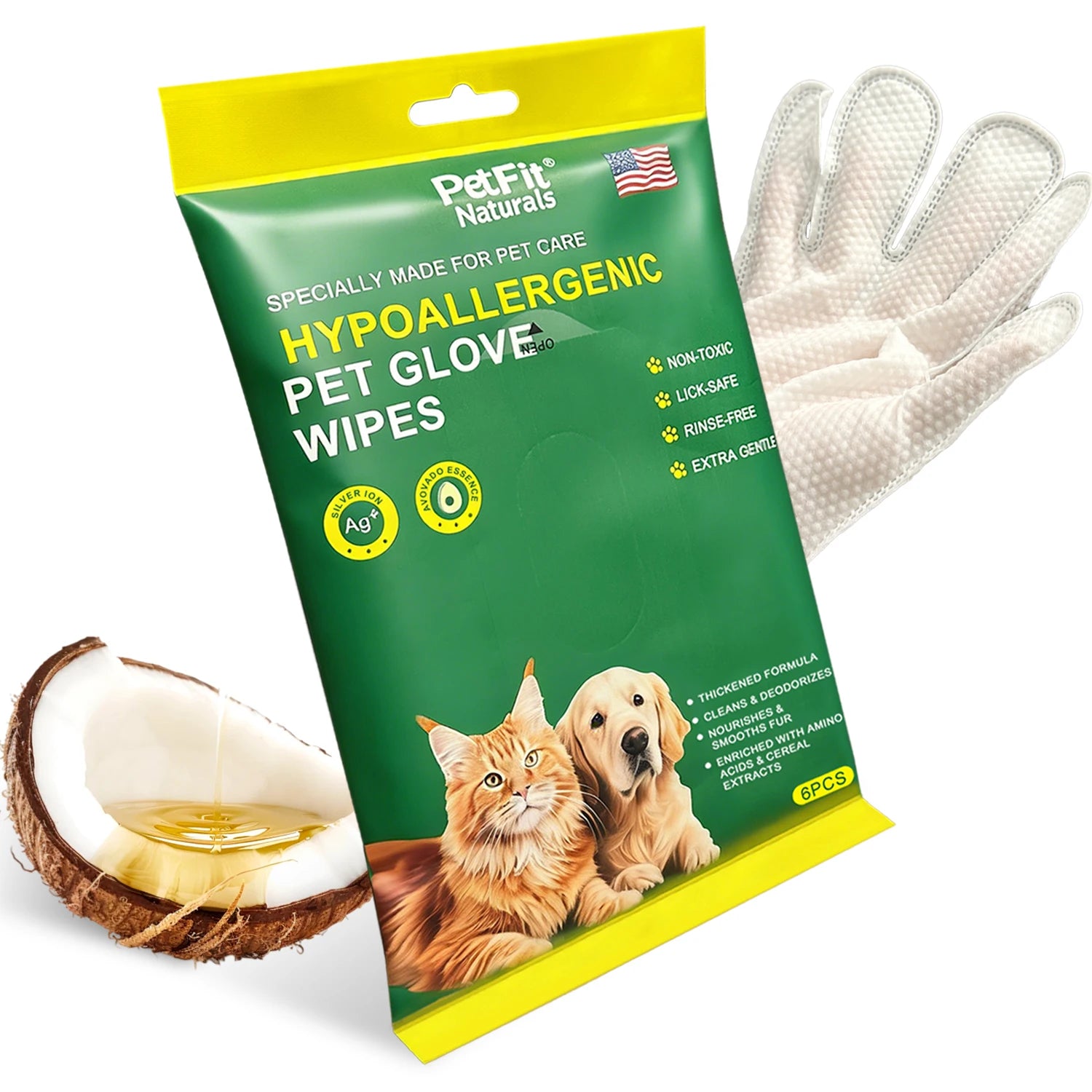 SEAMETAL 6Pcs Thicken Pet Wipes Gloves Deep Cleaning Dog & Cat Wipes Disposable Cleaning Gloves for Pet Care Cat Dog Supplies