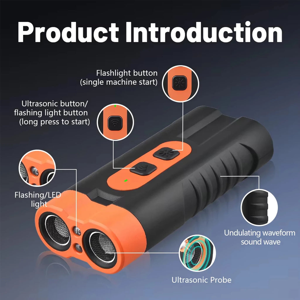 2025 Dual Head Ultrasonic Dog Repeller USB Rechargeable Dog Training Device High-Power Anti Bark Device with LED Flashlight