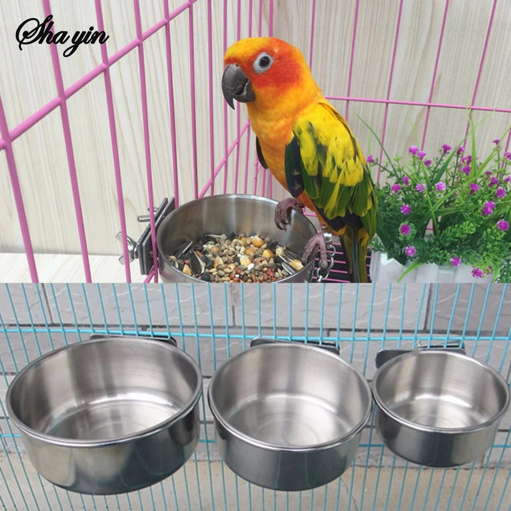 Parrot Feeding Cups Birds Food Dish Stainless Steel Feeders Water Cage Bowls with Clamp Holder for Parakeet Parrot Small Animal