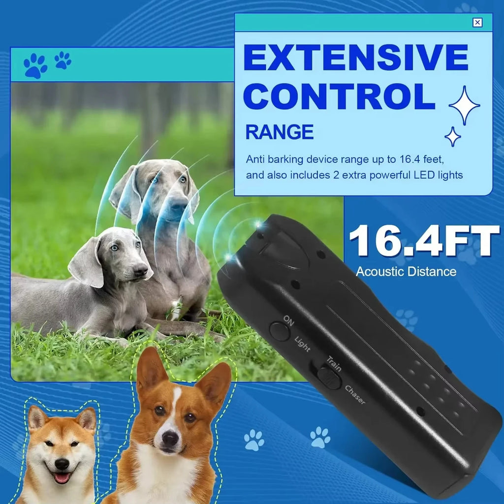 Ultrasonic Dog Repeller Anti-barking Device Pet Training Outdoor Deterrent Portable Chaser with LED Repels Cats & Dogs