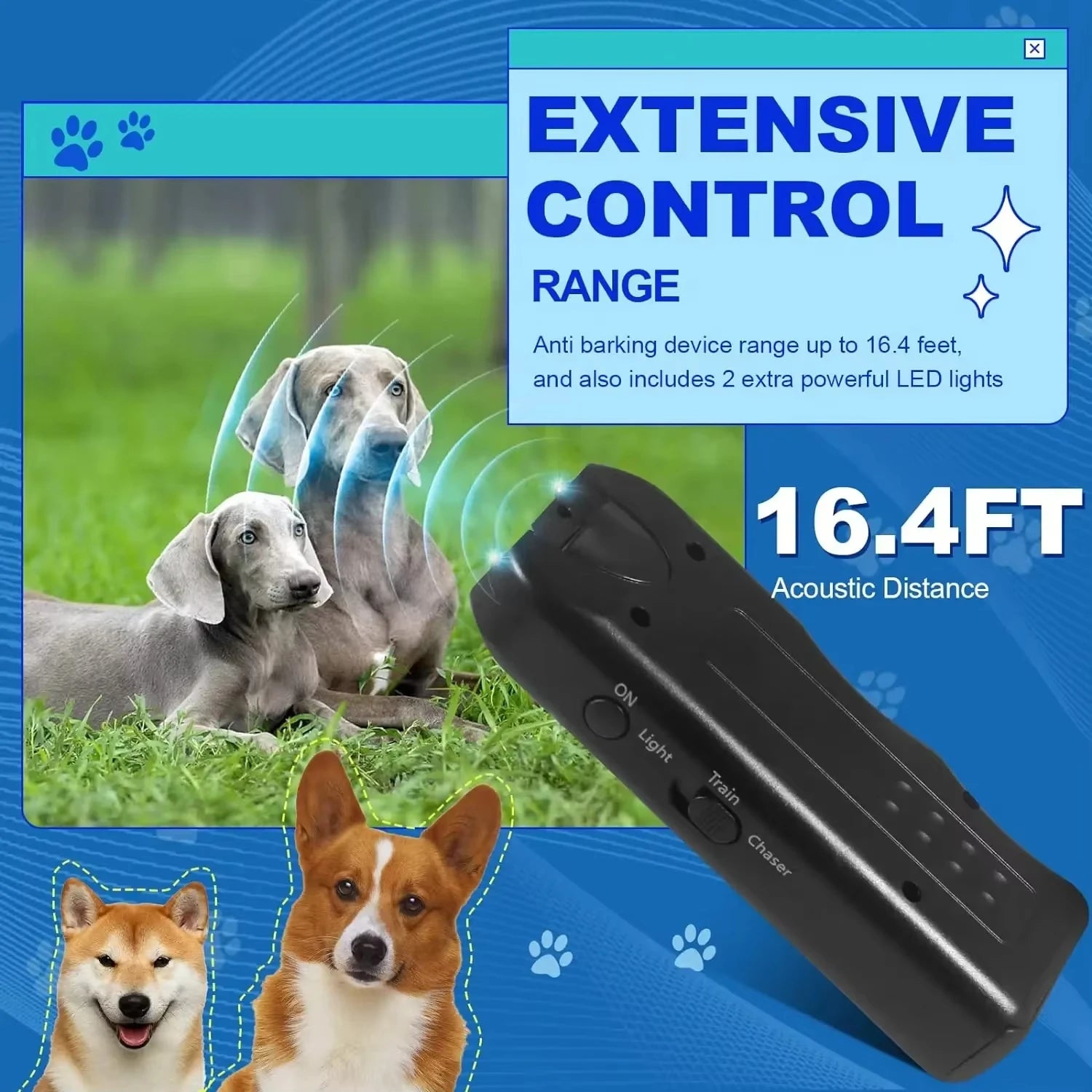 Ultrasonic Dog Repeller Anti-barking Device Pet Training Outdoor Deterrent Portable Chaser with LED Repels Cats & Dogs